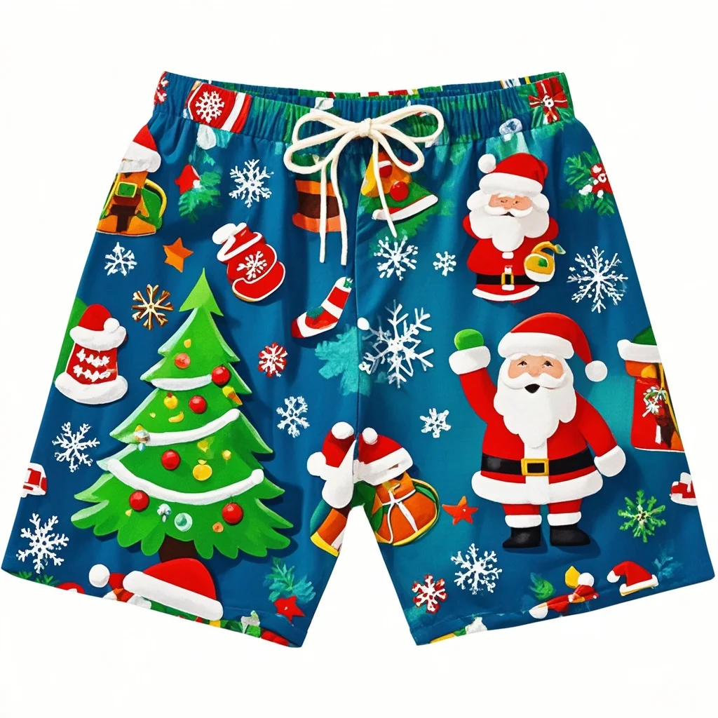 Fashion 3D Merry Christmas Graphic Beach Shorts Santa Claus Xmas Christmas Trees Graphic Swimming Shorts Men Funny Board Shorts