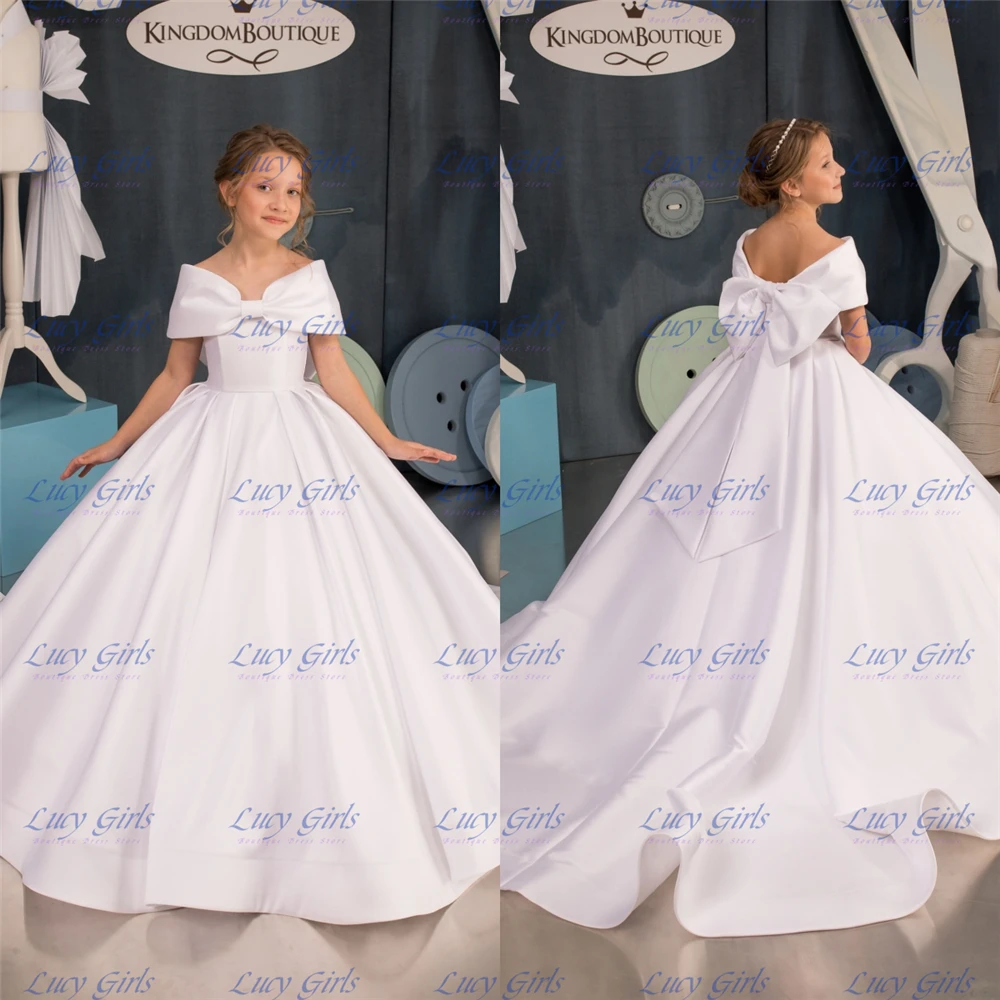 Elegant Flower Girl Dress Quality Satin Fluffy With Big Bow For Little Princess Wedding Birthday Party First Communion Gowns