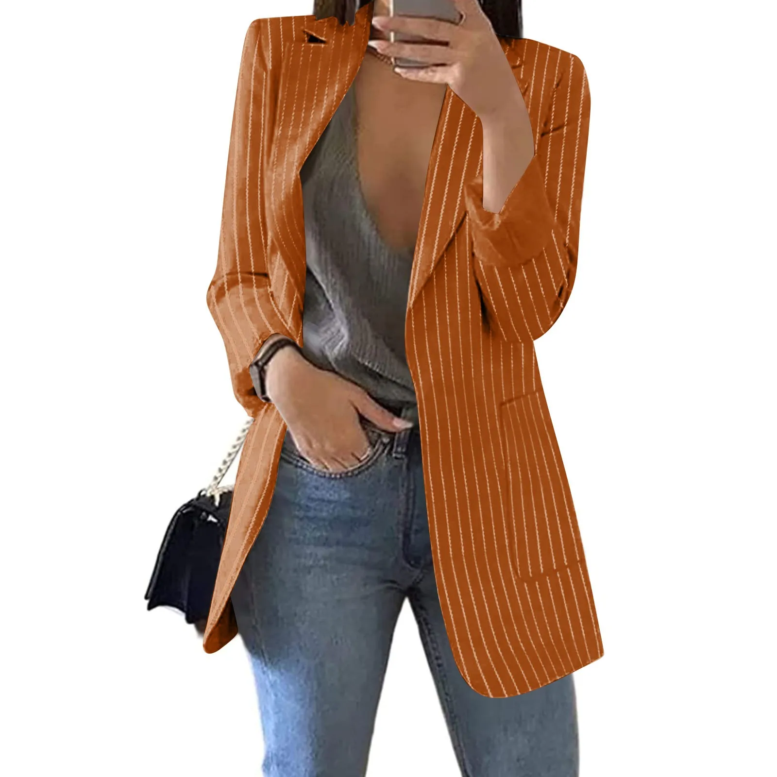 Women\'s Blazer Coat Stripe Open Front Pockets Cardigan Formal Suit Long Sleeve Blouse Coat