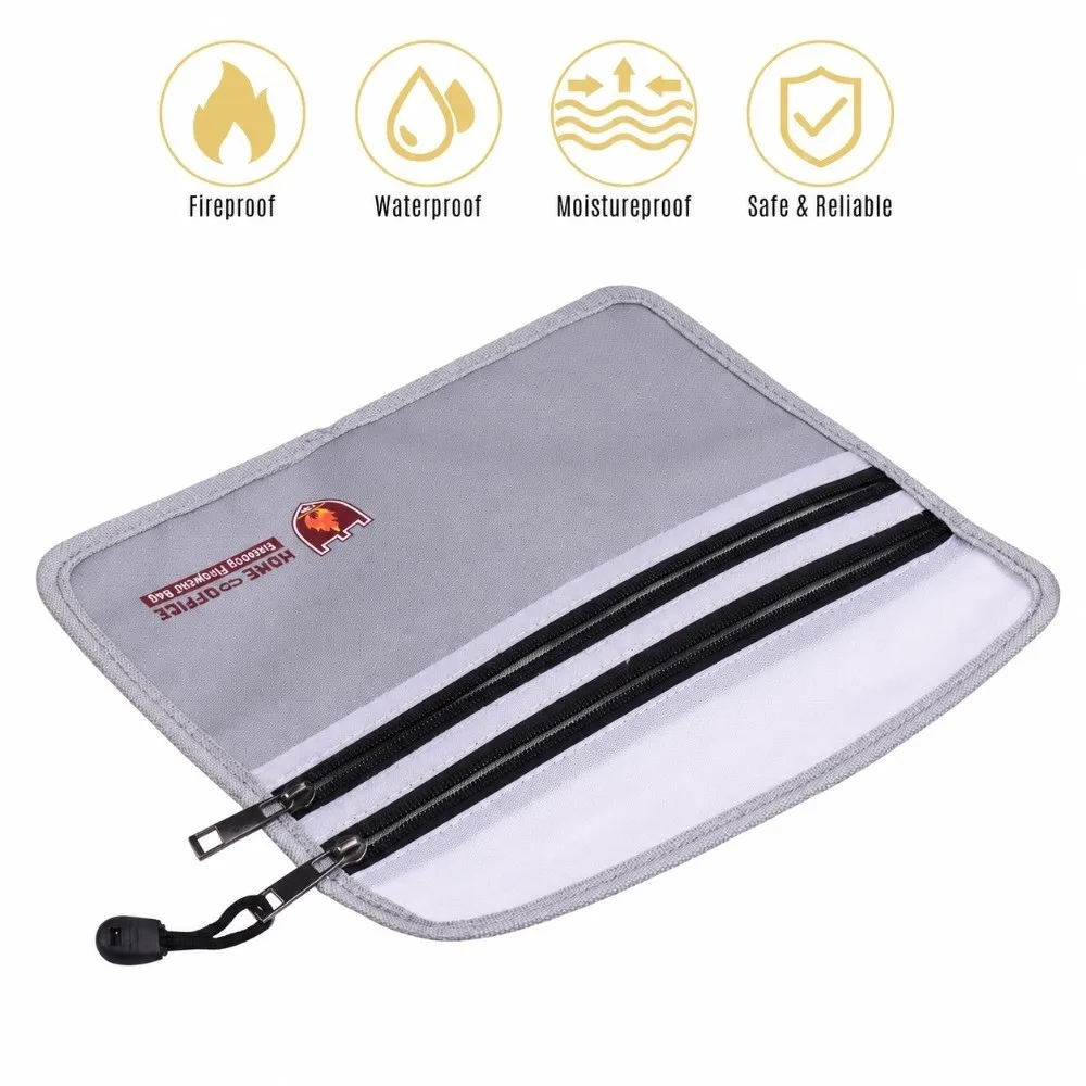Fiberglass Fireproof Document Bag Double Zipper Fire Water Proof Fireproof Pouch Silicone Coated Two Pockets Jewelry Bag Office