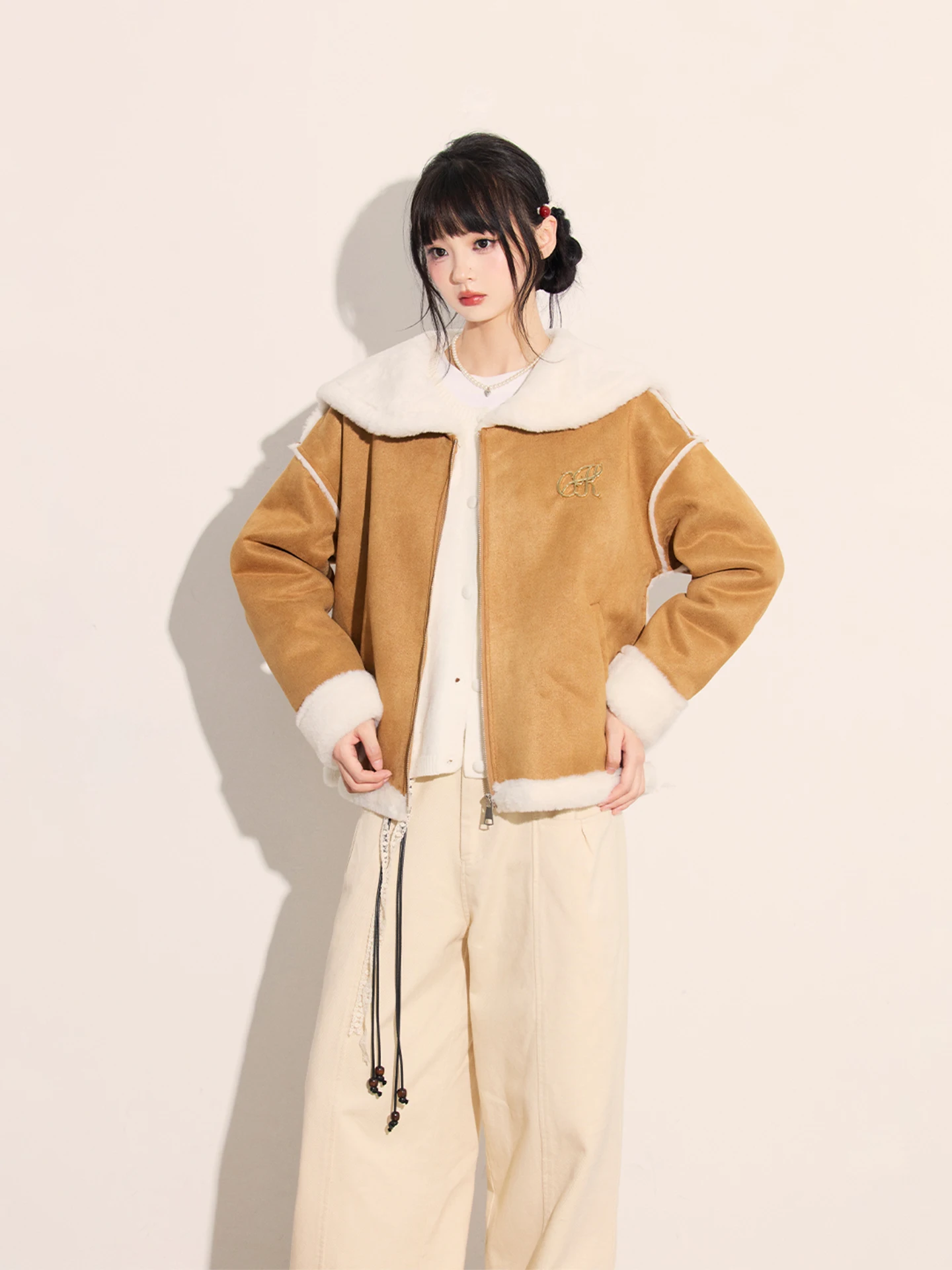 

Thiened Winter Warm Cr Kitten Suede Jaet Naval Collar Fur Inteated Outerwear Ladies Casual Sle Polyester Fabric