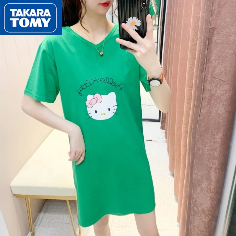 TAKARA TOMY 2022 Summer New Hello Kitty Woman V-neck Slim Breathable Short-sleeved Split Dress Green Mid-length T-shirt Skirt