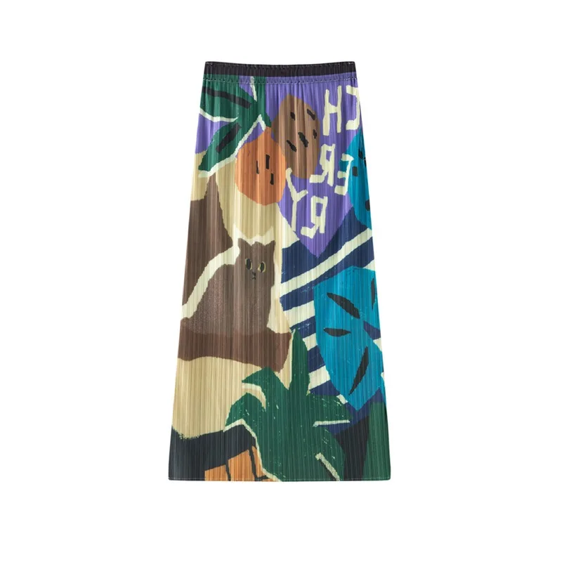 Miyake Pleated 2026 Summer Elastic Waist Pleated Skirt Vacation Print Fashion Casual New Comfortable Pleated Dopamine Half Skirt
