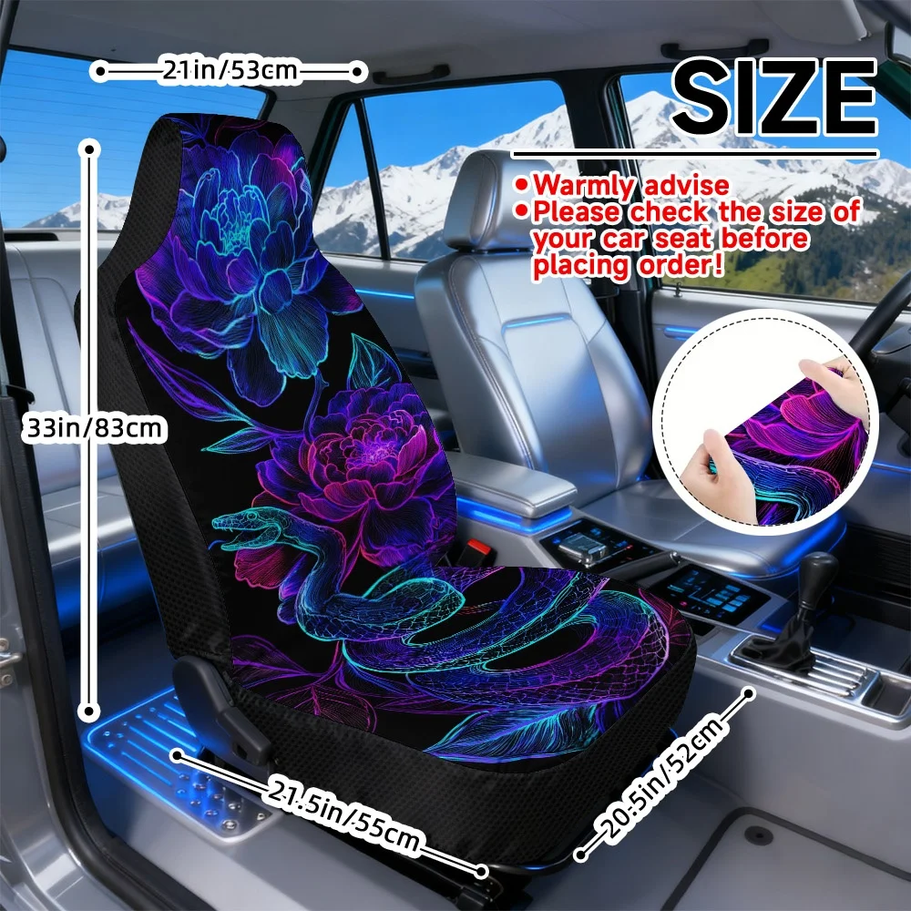 2D Flat Printing, 2pcs Auto Seat Covers Universal Fit, Snake And Flowers Print, Comfortable Car Seat Covers, Easy Installation,