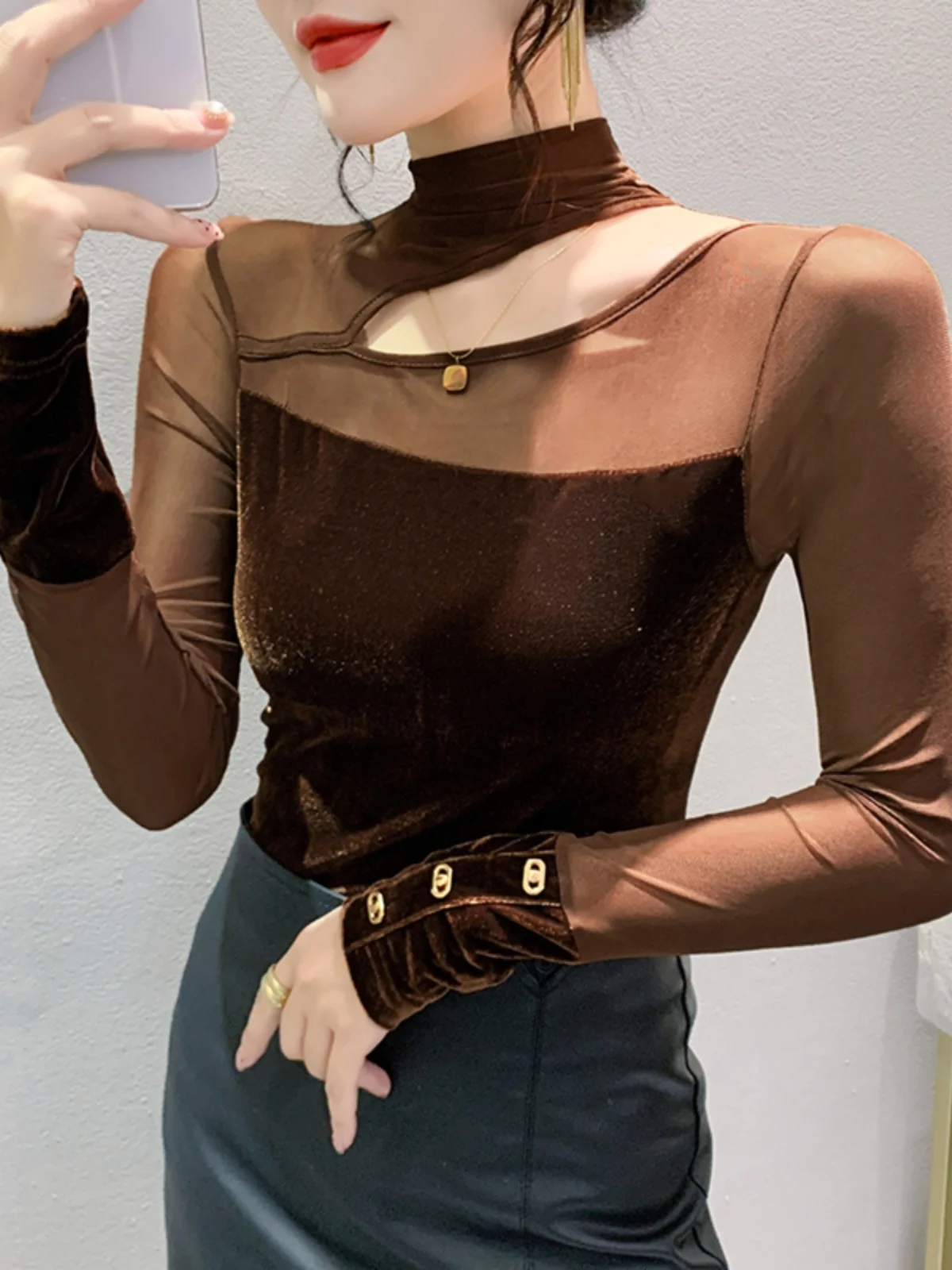 Autumn New Hollow Out Turtleneck Long Sleeve T-shirt for Women Fashion Slim Fitting Patchwork Tees Tops BH9803