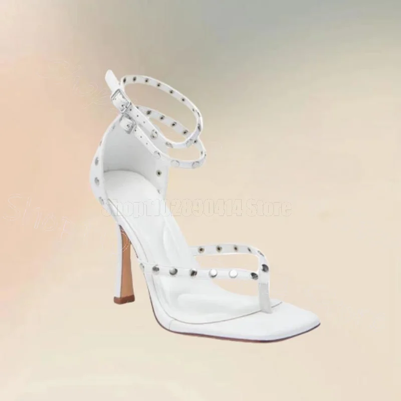 

Metal Rivets White Flip Flop Sandals Buckle Strap Women Shoes Thin High Heels New Fashion Party Banquet 2025 Zapatos Para Mujere