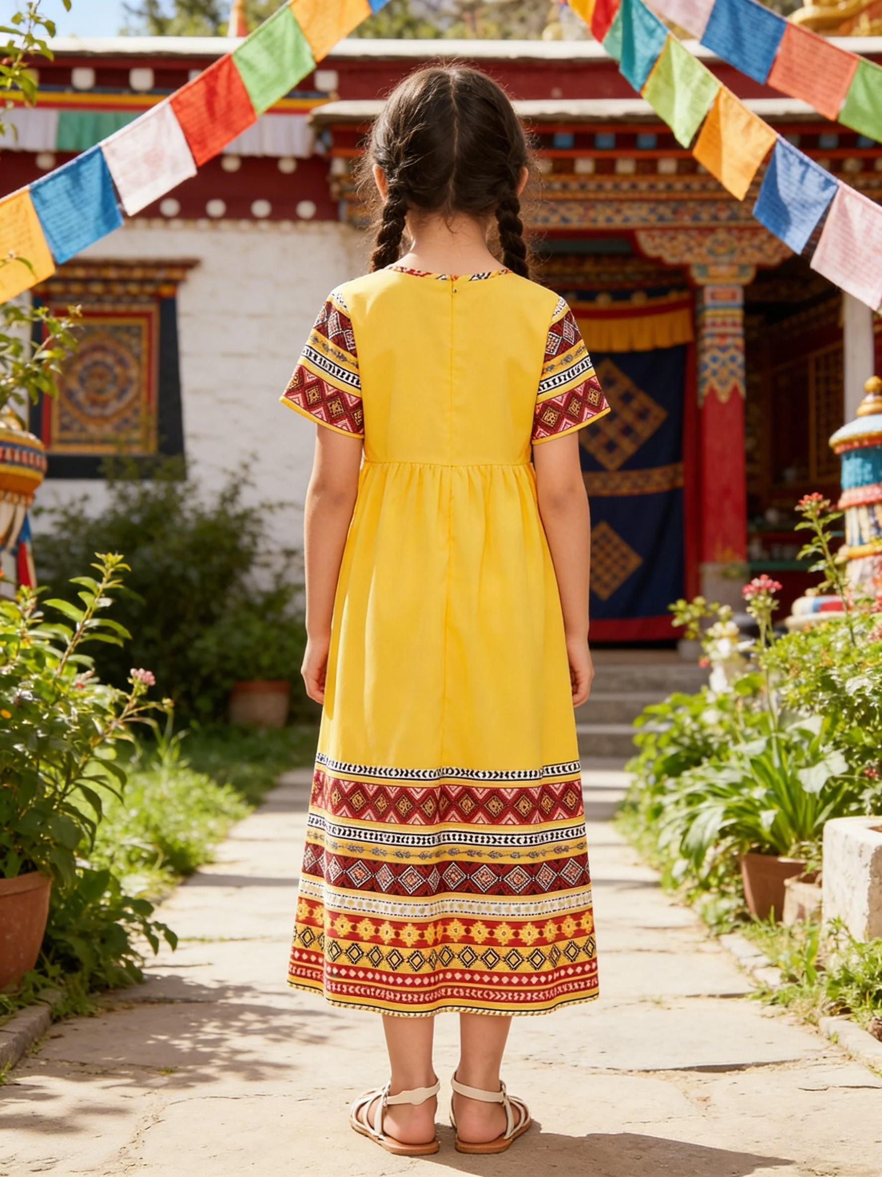1 piece of girls' ethnic style geometric jacquard short-sleeve high-waist A-line dress, light and breathable, not stuffy and swe