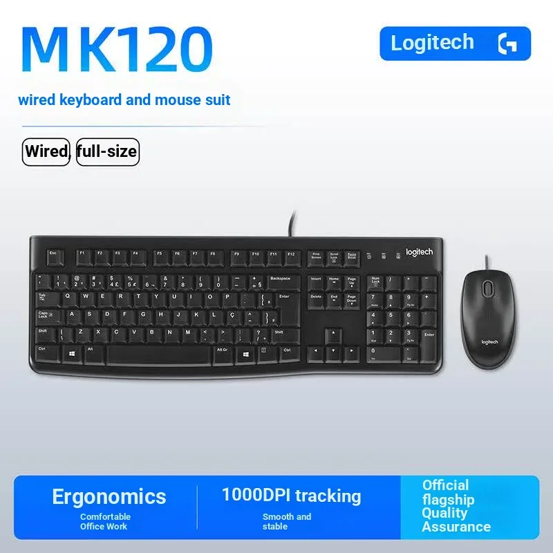 Logitech MK120 Wired Keyboard Mouse Combo Full Size USB Plug & Play Black Desktop Set for Home Office