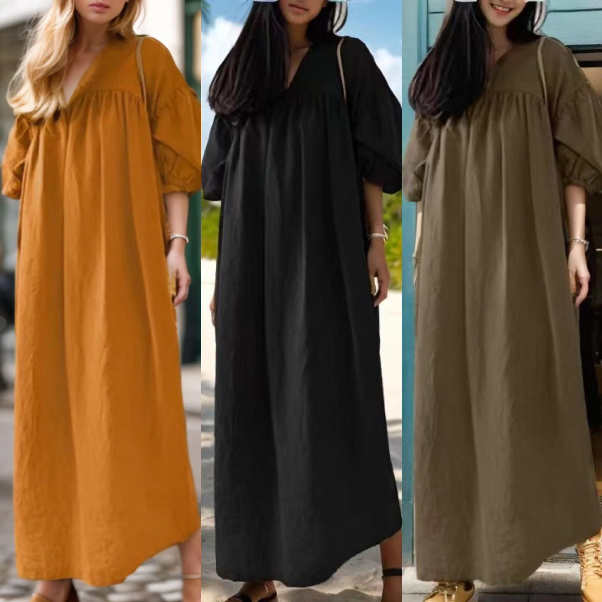 Abaya larghi di colore solido per le donne abito lungo Casual elegante in cotone e lino abito musulmano semplice abbigliamento islamico modesto da