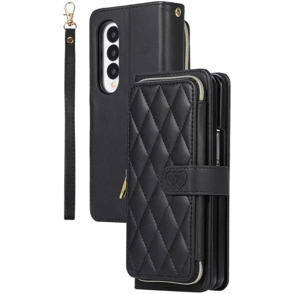 

Crossbody Lanyard Zipper Leather Wallet Card Phone Case for Samsung Galaxy Z Fold 5 4 3 Luxury Wrist Rope Flip Stand Cover