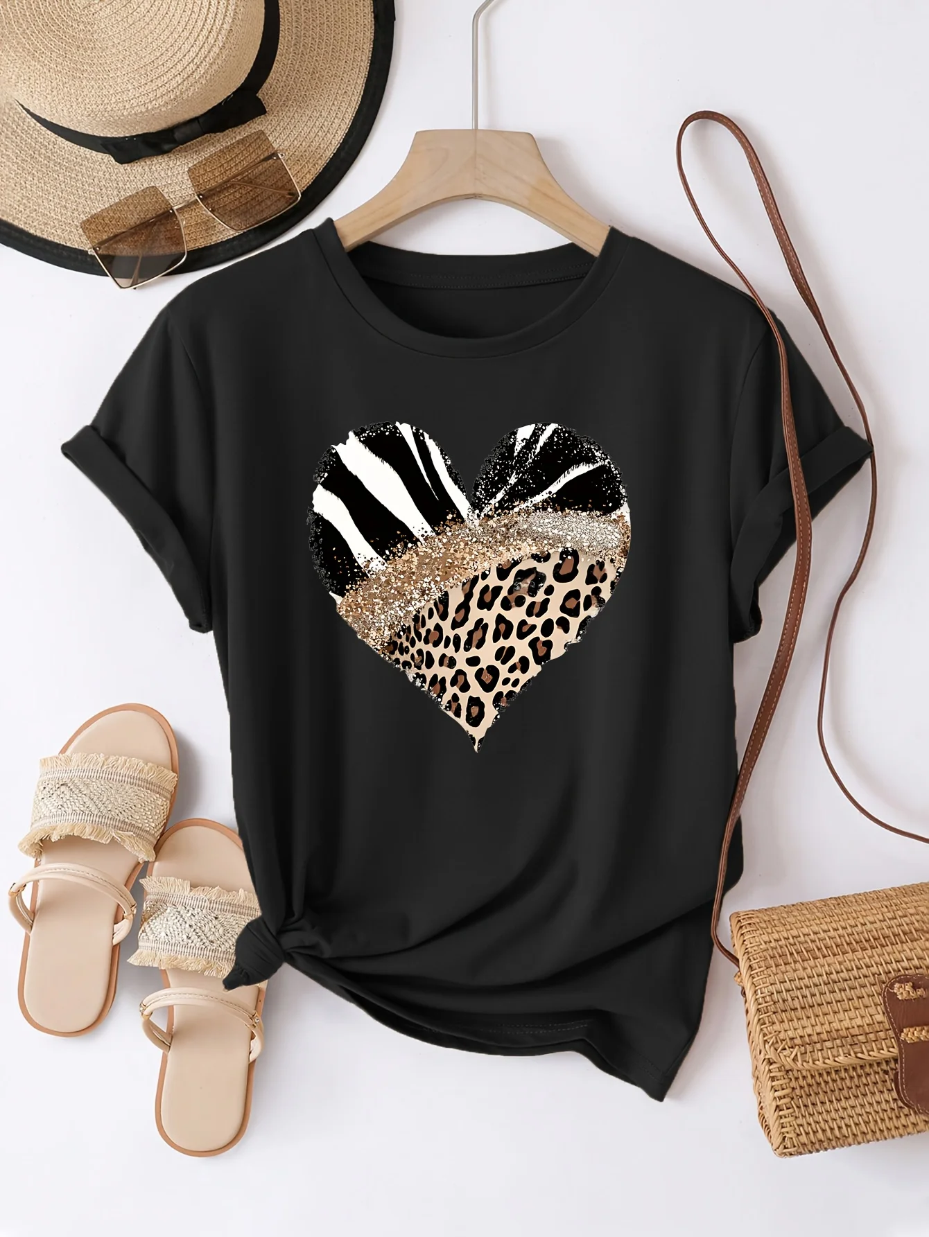2026 Women's Casual Short Sleeve with Leopard Print Zebra Stripe Heart Design Glitter Accent Casual Top Harajuku Short Sleeve Casual