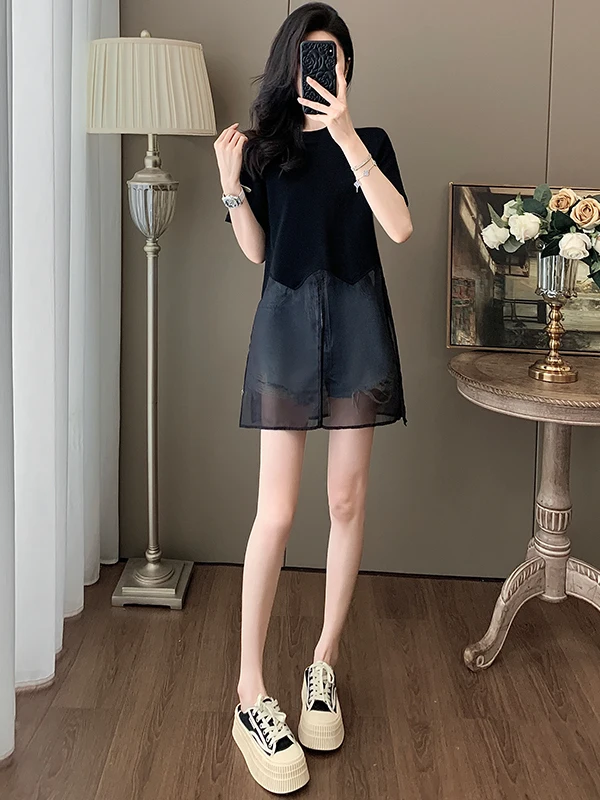 

Summer Outfit Women's Unique Design Splicing Mesh Black Short Sleeve Top Denim Shorts Two-Piece Set Cotton round Neck Sleeve ...