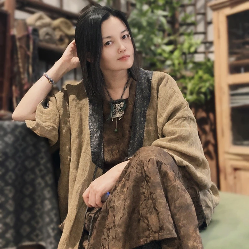 

Весна/Осень 26: Новинка! Повседневная женская куртка с V-образным вырезом, в стиле пэчворк, с рукавами «летучая мышь», из хлопка и льна, модель Y195