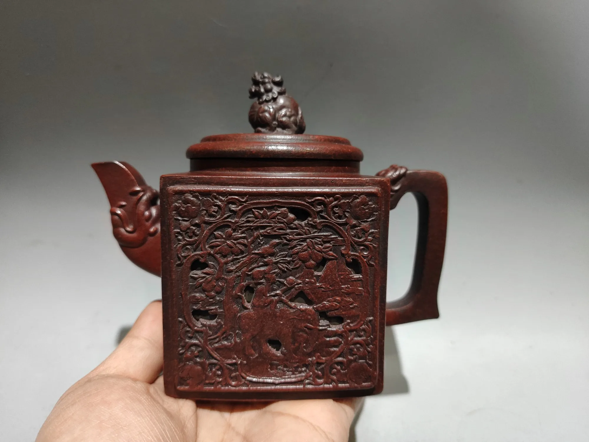 Old Nepalese temples Yixing Purple Clay Teapot Pixiu lid Beast Mouth Pot hollow out  Elephant monkey pattern Kettle Teapot
