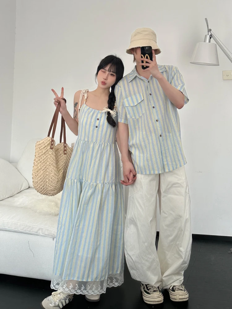 

Couples Summer Striped Shirt Men's Long Skirt Beach Vacation Style Strap Dress One Skirt One Shirt Loose Fit French Style Shirt