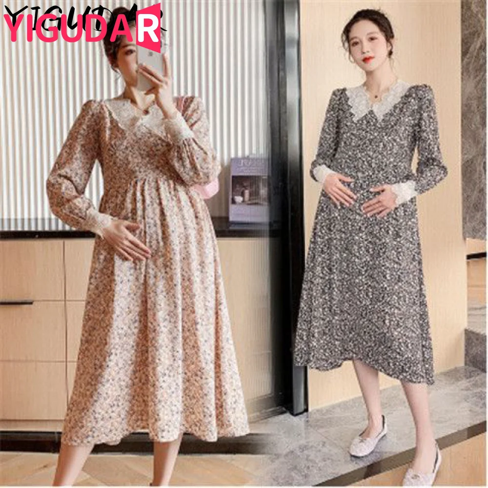 

Pregnant Women clothing Spring autumn flower v collar dress pregnancy photoshoot dress korean fashion vestidos de fotografia