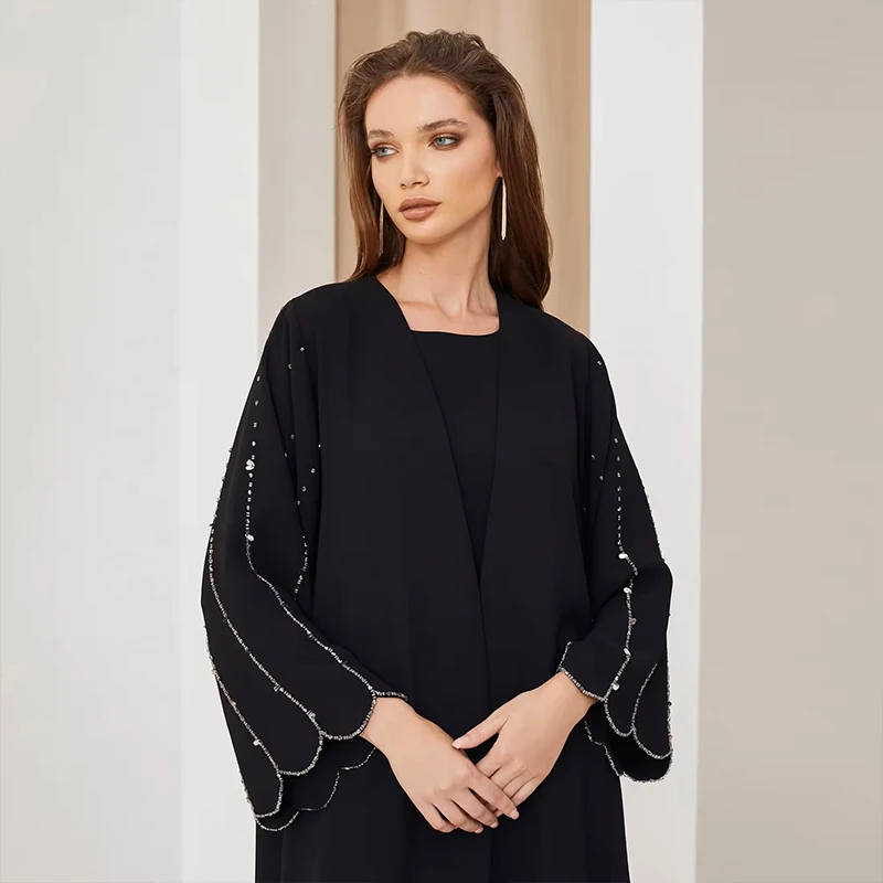 2025 OEM/ODM Eid Abaya haute qualité noir Long manteau brillant cristal dubaï ouvert Abaya porter des vêtements musulmans islamiques