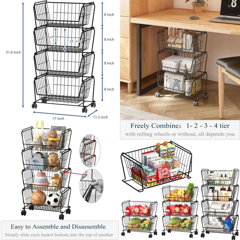 

Multi-Tiered Rolling Storage Carts for Kitchen and Home, Fruit & Veggie Baskets, Living Room Racks, Black 4-Shelf Design