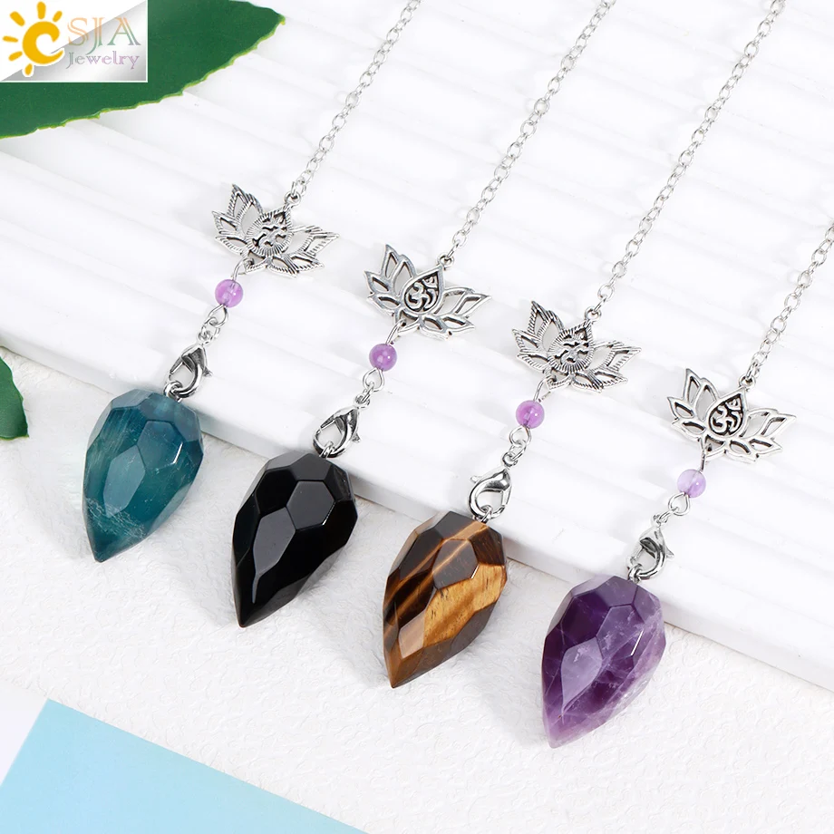 Reiki Crystal Pendulum for Dowsing Divination Witchcraft Lotus Charm Natural Stone Amethysts Pendant Spiritual Pendulos H494