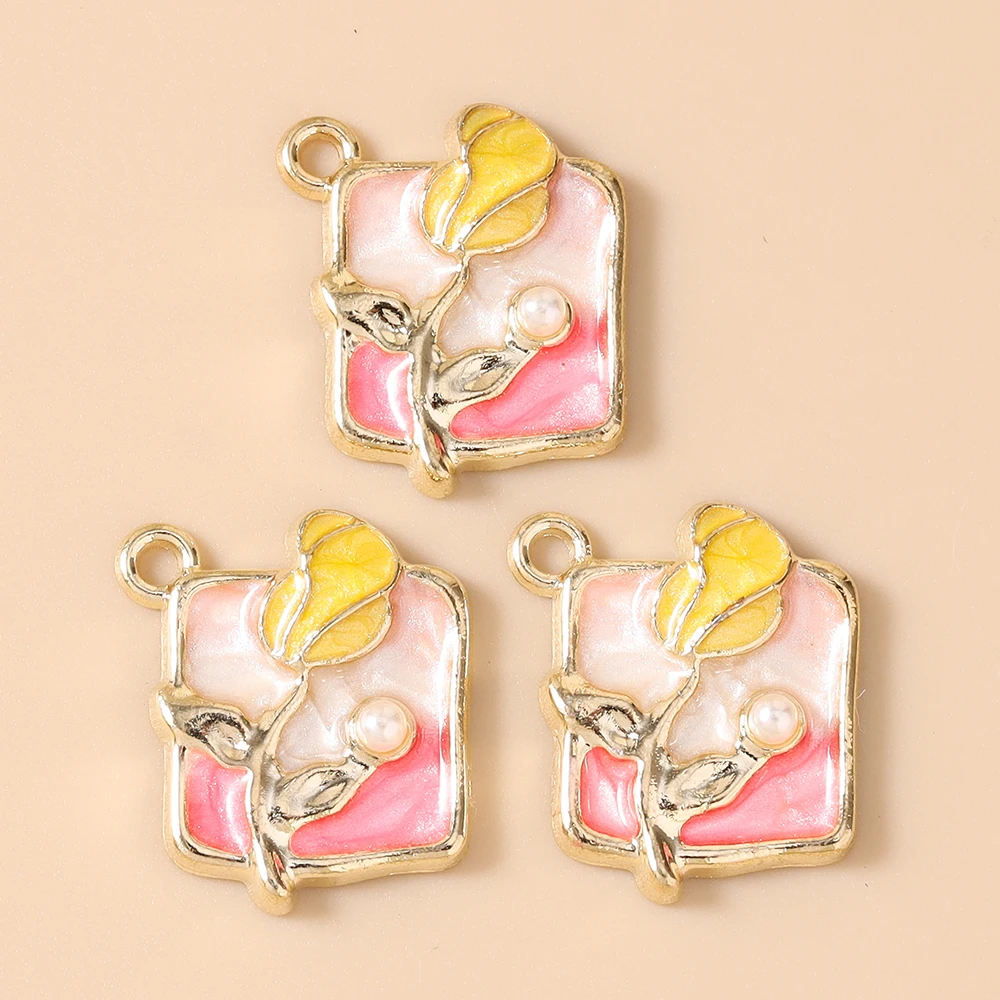 Leslie 10 Stück Retro Goldfarbene Ölgemälde-Perlenblumen-Anhänger für DIY Ohrringe, Halsketten, Handgemachter Schmuckherstellung – Detail 24