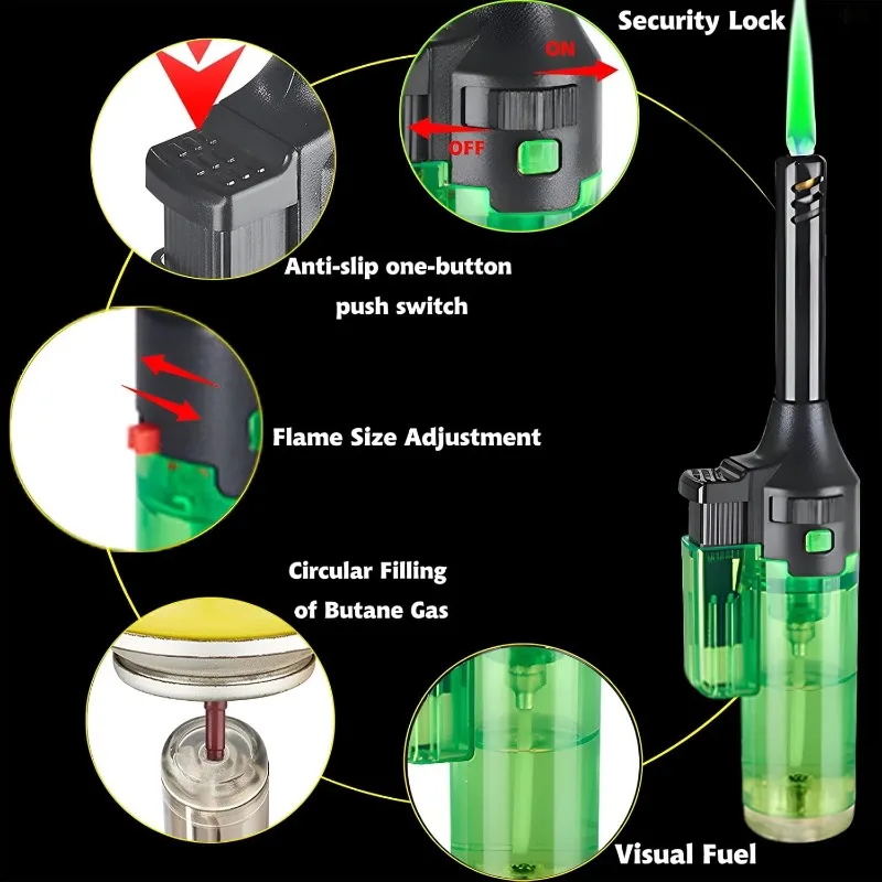 Jet Green Flame Lighter Refillable Butane Gas and Visible Fuel Tank Windproof Design Adjustable Flame Lighter for Candle Kitchen