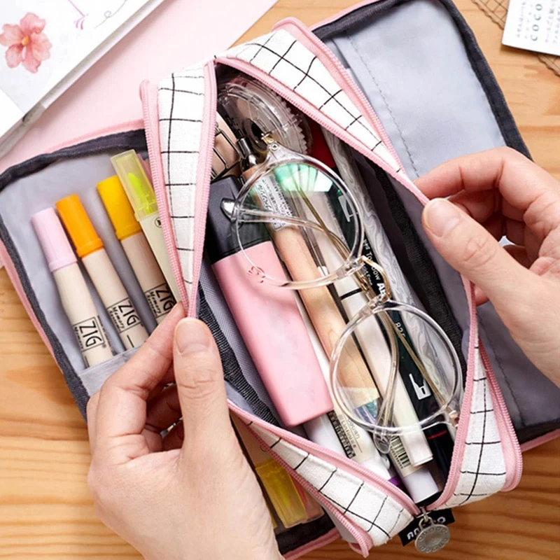 Große Kapazität Plaid Bleistift Fall 3 Fächer Bleistift Pouch Tragbare Leinwand Bleistift Tasche für Jungen Mädchen Studenten Stationäre 1Pcs