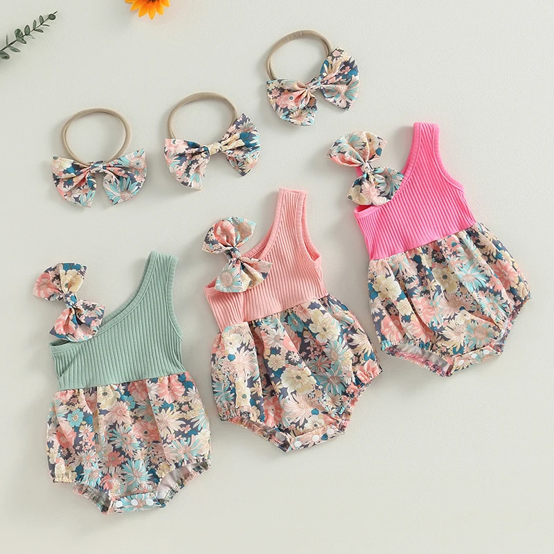 EWODOS Baby Girls Clothes Green 2pcs Outfits Spring Pink Floral One Shoulder Romper+Stretch Headband Sets Cute Clothes Bodysuits