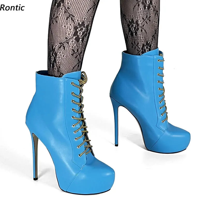 

Rontic Handmade Women Winter Platform Ankle Boots Unisex Side Zipper Stiletto Heels Round Toe Light Blue Club Shoes US Size 5-20