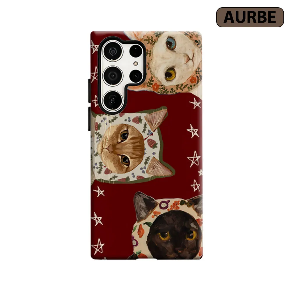 Aurbe Phone Case For Samsung Galaxy S26 S25 S24 S23 Ultra Plus HD Hard Whimsical Cats in Bonnets Double Layer Film Cover