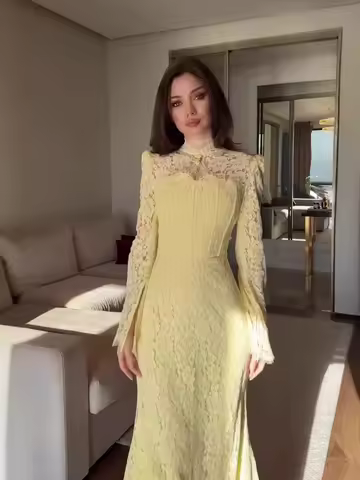 Elegant Light Luxury Style Lace Embroidery Evening Party Dress Women Long Sleeve Slim High Collar Temperament Bridesmaid Dress