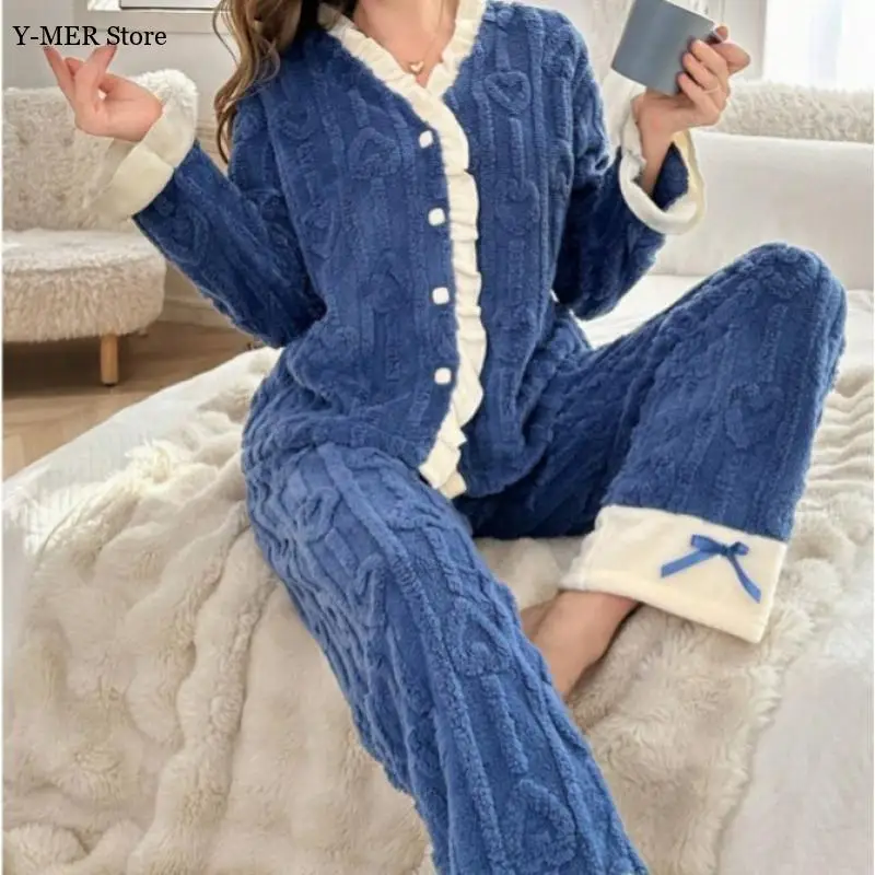 

2025 Autumn and Winter New Pajamas Suit Warm Flannel Sleepwear for Women Coral Girls Clot Velvet Suit Homewear Cardigan Trousers
