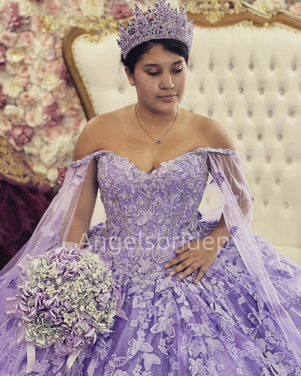 Angelsbride-vestido De baile De lavanda para quinceañera, vestido De fiesta De cumpleaños, tul brillante con capa, Vestidos De graduación De 15 años