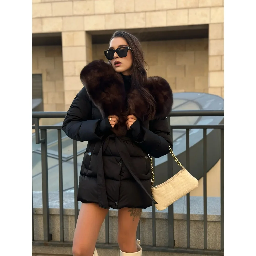 Janveny 럭셔리 대형 천연 실버 폭스 퍼 후드 2025 겨울 90% 구스 다운 재킷 여성 두꺼운 따뜻한 여성용 파카 방수