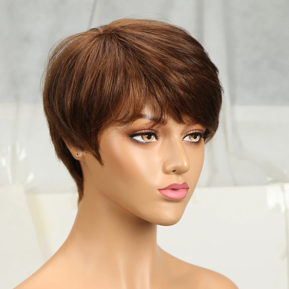 Short Pixie Cut Straight Hair Wig Brazilian Remy Hair Human Hair Wigs With Bangs 99J Burgundy P4/30 #4 Wig Cheap Glueless Wig