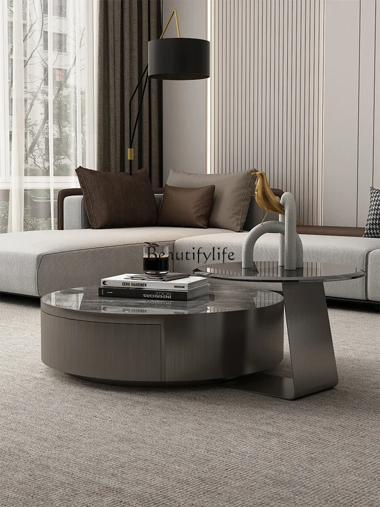 Italian light luxury stainless steel with drawer slate modern minimalist glass edge table