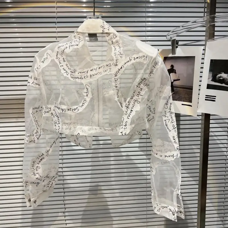 2025 Summer New English Letter Printing Transparent Mesh Sunscreen Shirt Trendy Leisure Unique Design Short Coat Top - view 6