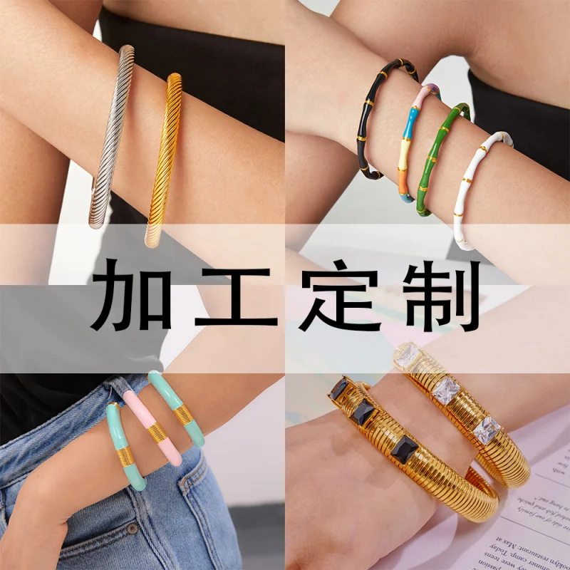 Cross-Border Best Seller in Europe and America Bamboo Bracelet Titanium Steel Plated18kReal Gold Opening Cannot Be Adjusted Nich