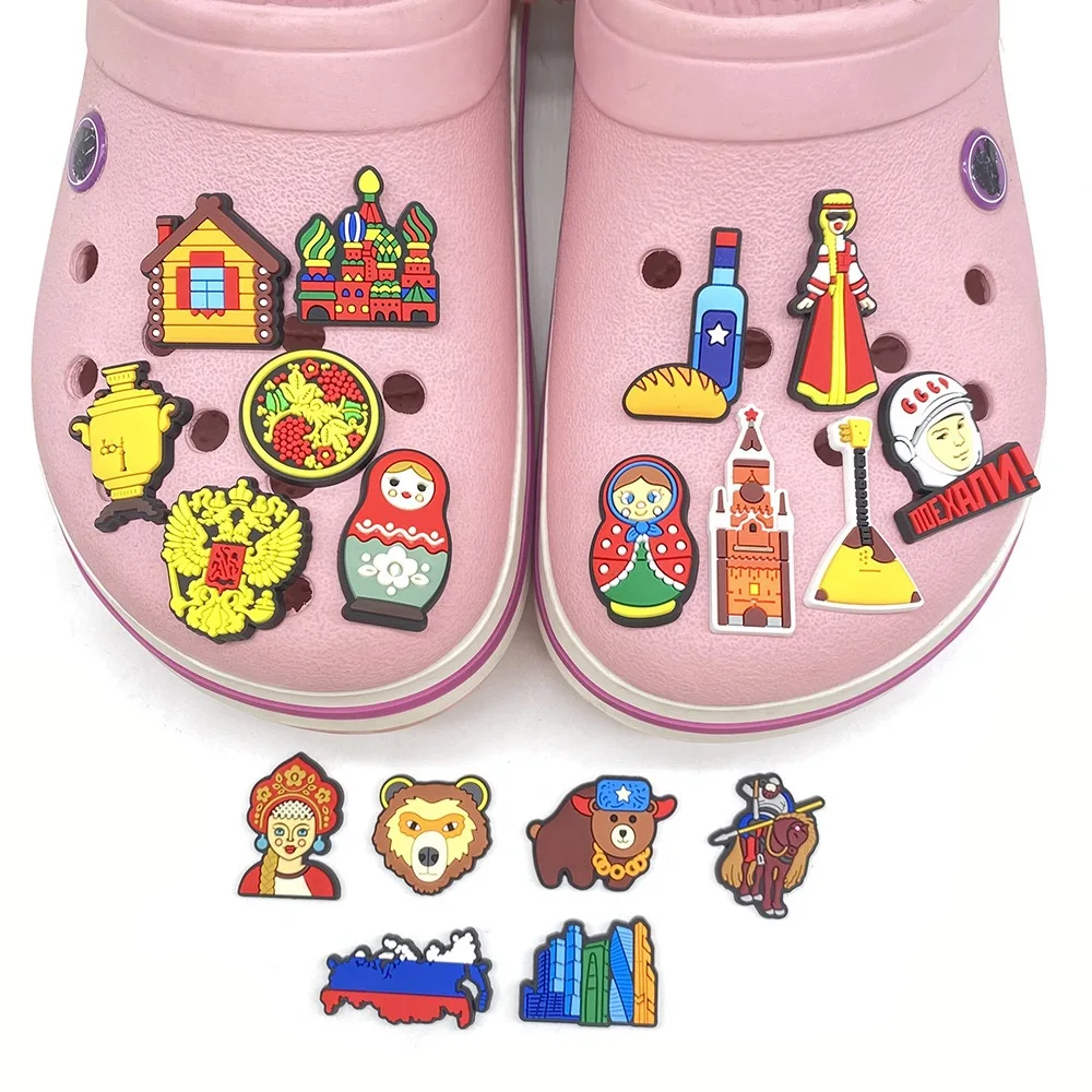 New Arrival 1-18Pcs Saint Basil's Cathedral Russian Style Shoe Charms Bear Clog Accessories Fit Travel Present