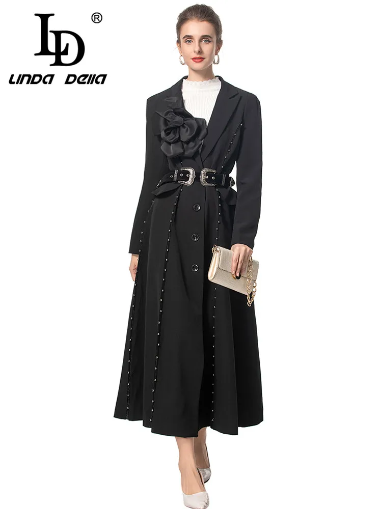 LD LINDA DELLA Women\'s Fashion Coat Autumn and Winter Long Sleeved Single-Breasted Sashes Slim Streetwear Appliques Overcoat