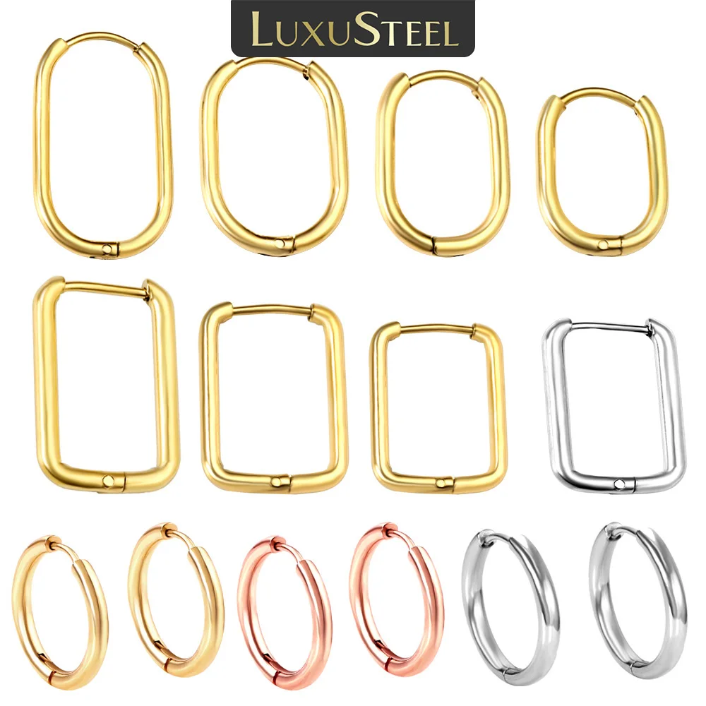 LUXUSTEEL U-Shaped Round Cirlcle Square Hoop Earrings For Women Men Simple Rectangle 8/10/12/14/16/20MM Anti-allergy Earrings