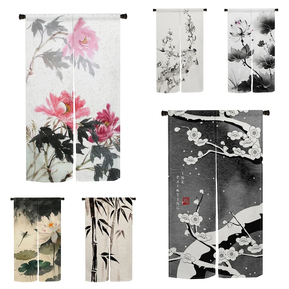Chinese Ink Art Door Curtains Peony Bamboo Lotus Print Traditional Curtain Bedroom Kitchen Entrance Partition Linen Half Curtain