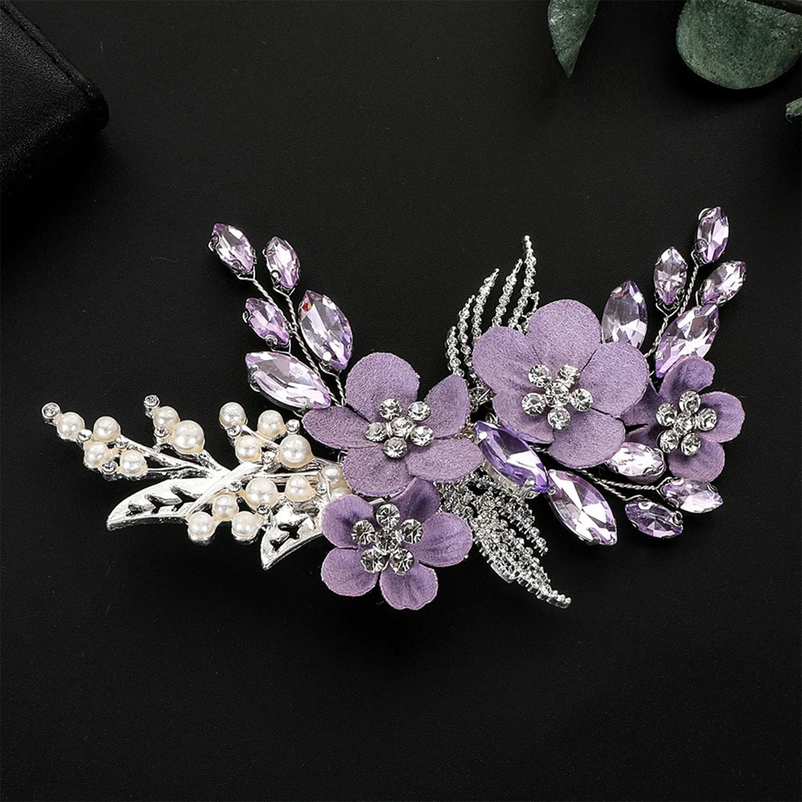 Haarspange aus Legierung mit lila Blumen-Strass-Kristall-Akzent, sichere Metall-Haarspange für Hochzeitsfeiern und Fotoshootings für Bräute – Detail 6