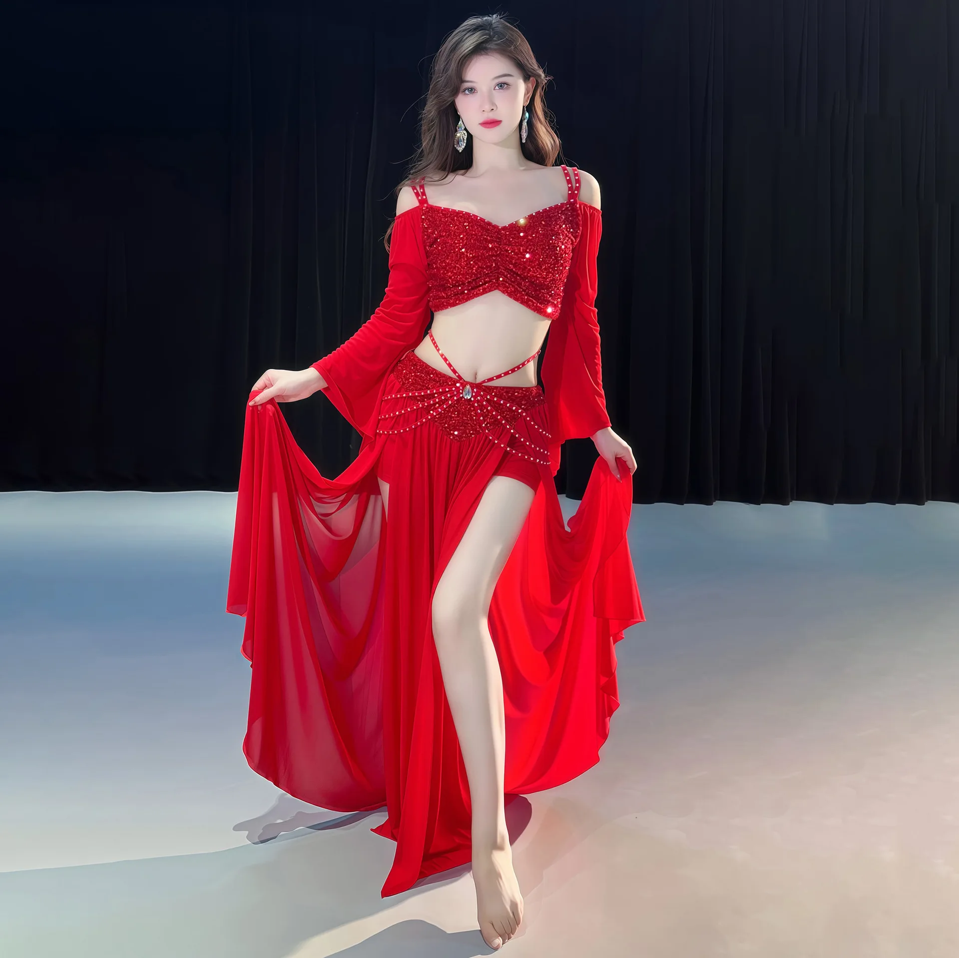 Women Two Piece Sets Skirt Set Strapless Full Sleeve Tops Sequin Dance Tassel Night Party Skirts Sexy Low Waist Y2k Elegant