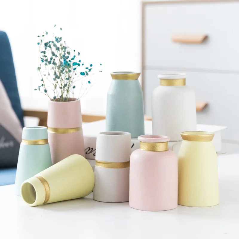 Matte Gold-Painted Ceramic Vase Simple Creative Home Decoration European Style Gold Thread  White Yellow Blue Coarse Cla...