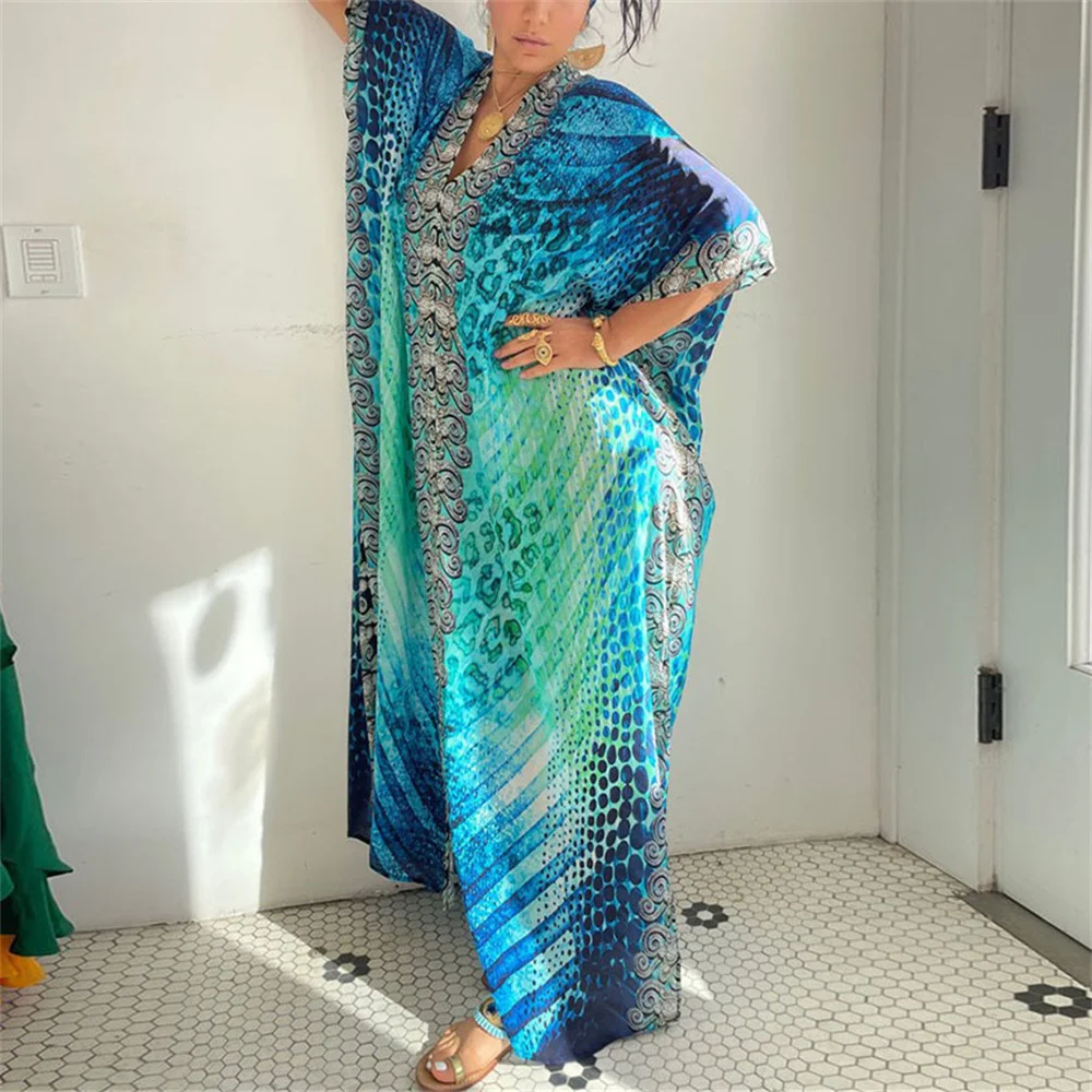 2022 New Boho Style Maxi Dress stampa costume da bagno Cover-Up abito bohemien Robe Plage Kaftan abito lungo Beach Wear tuniche