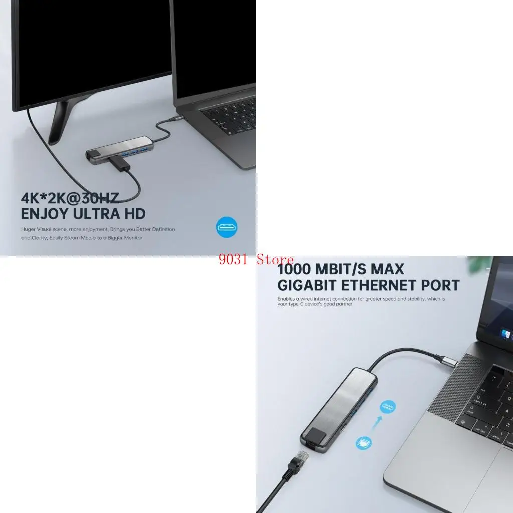 

USB C Docking Station 6 в 1 AUMINUM USB C до USB3.0 PD60W GIGABITS Ethernet Port 3X USB Адаптер для ноутбуков
