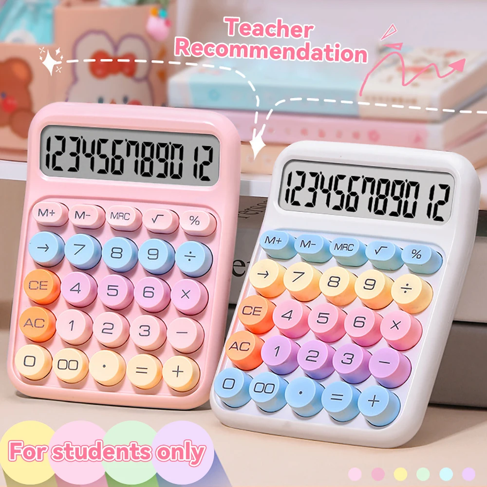 Mechanical Calculator 12 Digit Large LCD Display Big Round Button Cute Candy Colored Mini Calculator Suitable for Office School