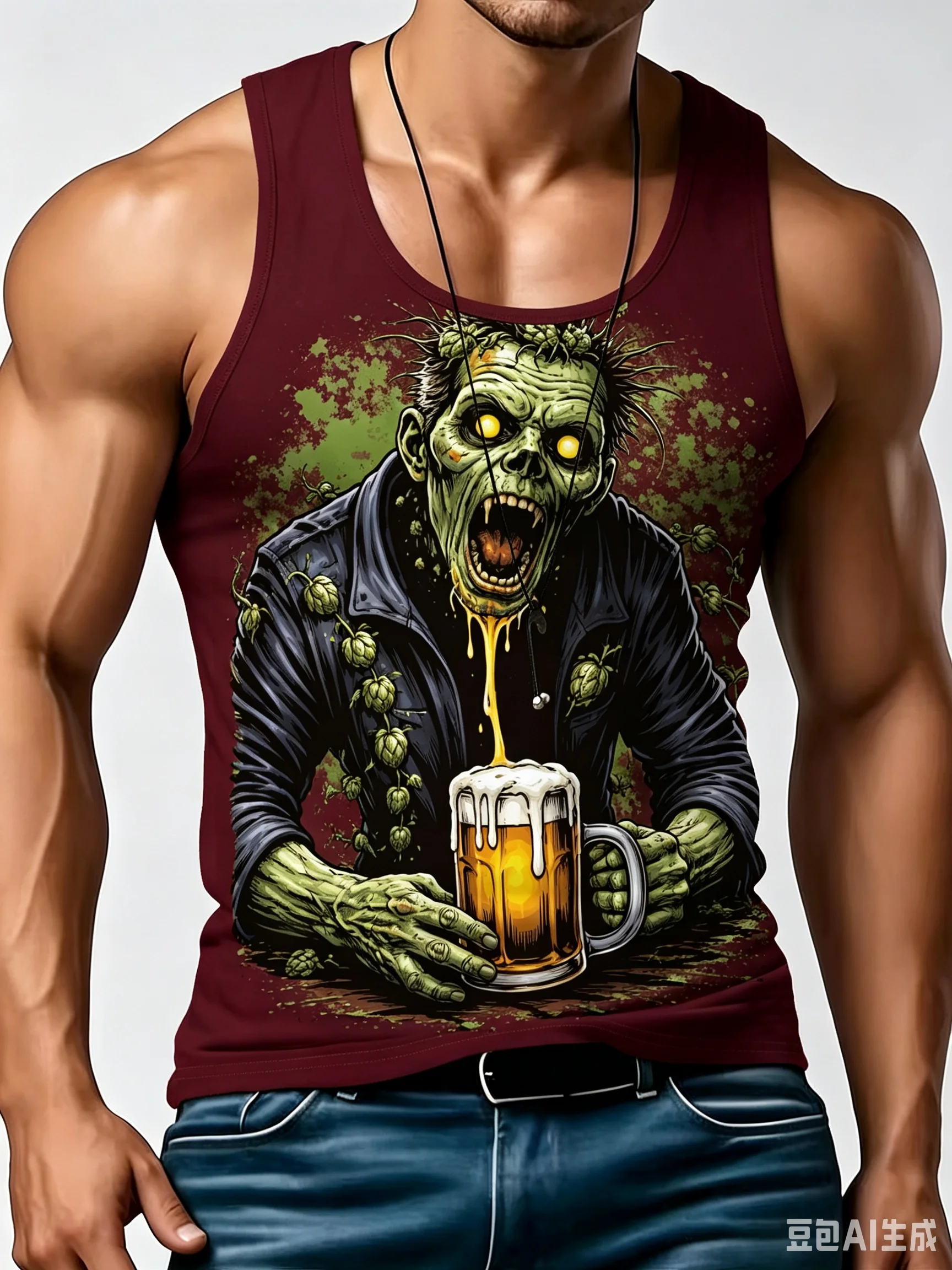 Zombie Beer Graphic Tank Top, Green Monster Drinking Beer Print Sleeveless Shirt, Funny Horror Casual Summer Vest For Men