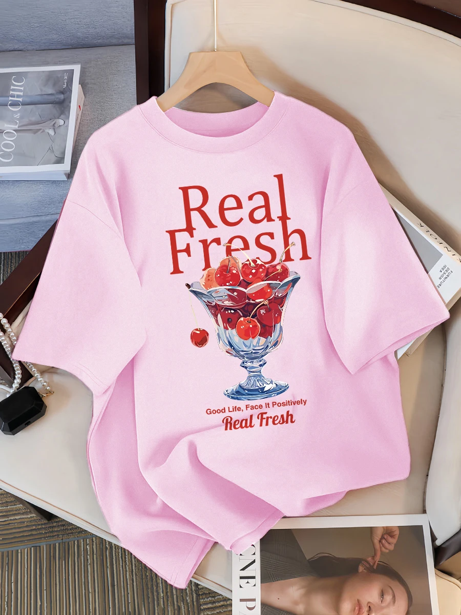 Real Fresh Cherry Fruit Cup Design Tee Shirts Female Comfortable T Shirt Fashion Casual Clothes Soft Street Short Sleeve