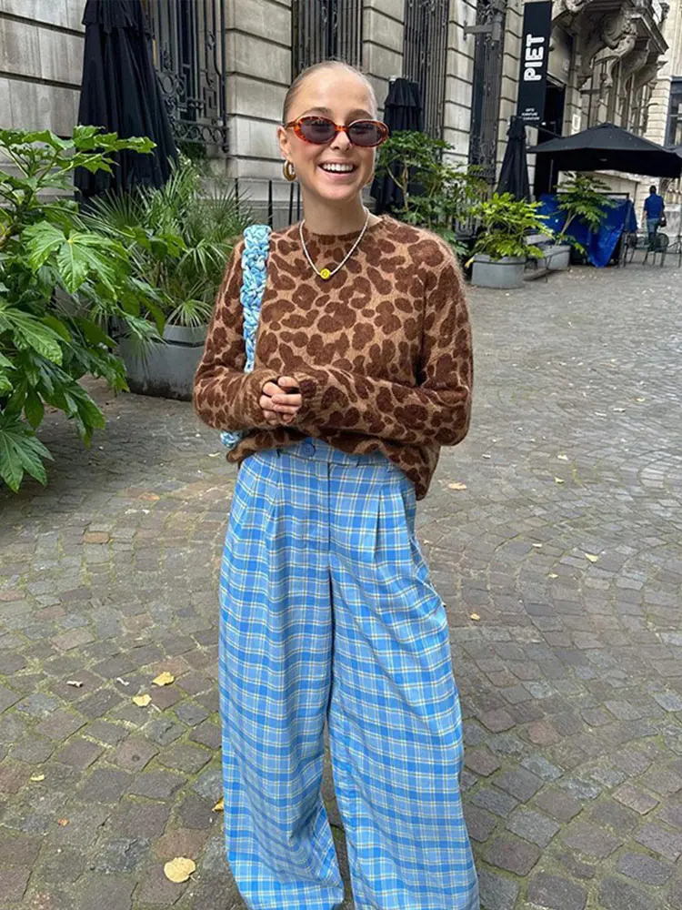 

Женский винтажный повседневный свитер с леопардовым принтом, свободный пуловер с круглым вырезом и длинными рукавами, осень 2023, новые женские вязаные джемперы для поездок на работу